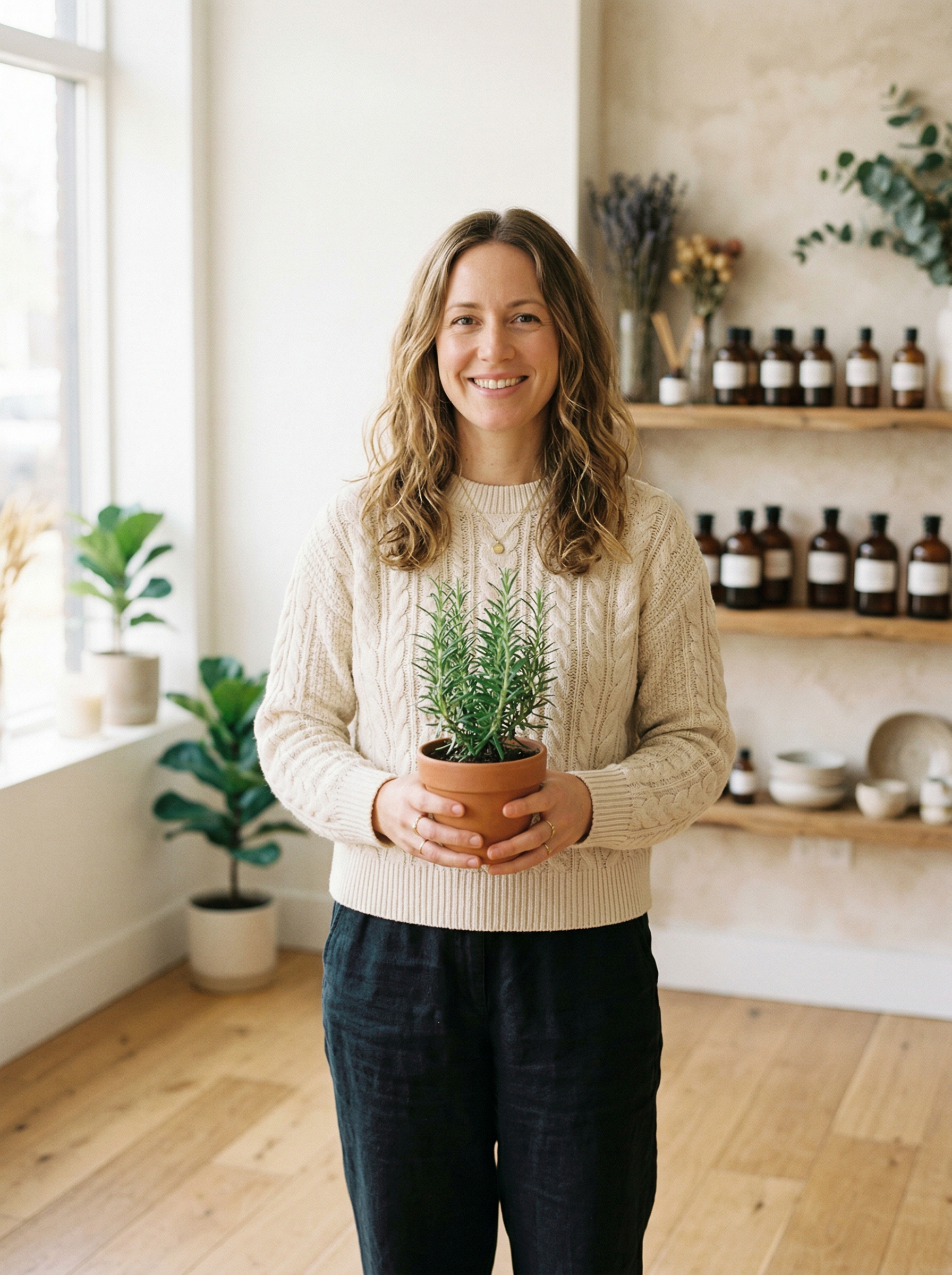 Melea in her wellness studio surrounded by botanical products